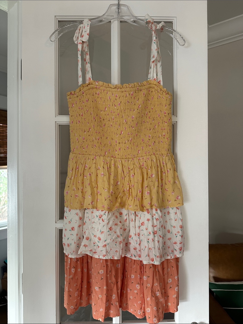 Tiered Floral Sundress with Tie Straps - Yellow, White, coral